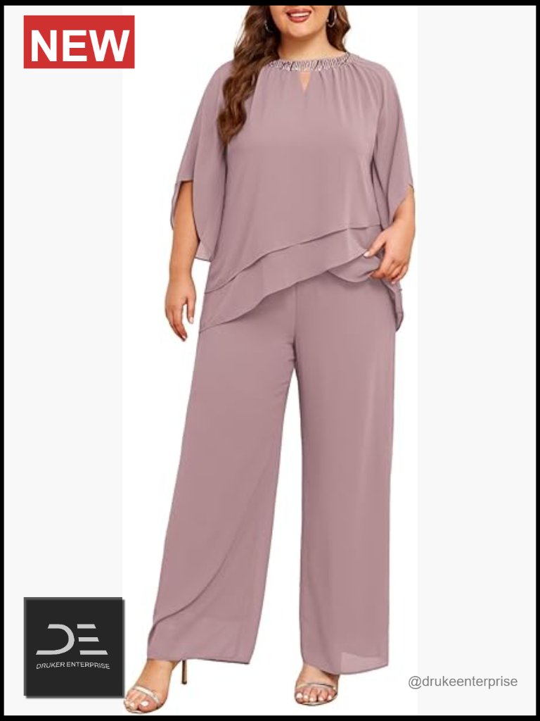 Plus Size Mother Of Bride Pant Suit 2 Piece Chiffon Pantsuit Formal Guest Outfit